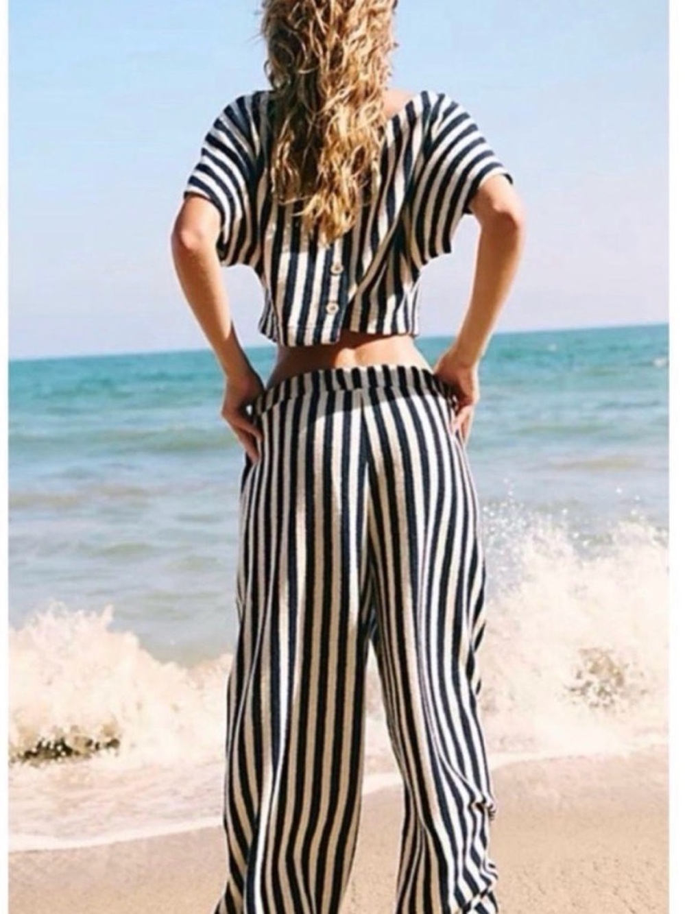 Free People Changing Tides  Navy & White Vertical-Stripe Wide-Leg set